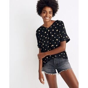 Madewell Womens XS Black Floral V Neck Short Sleeve Blouse Daisy Career Boho